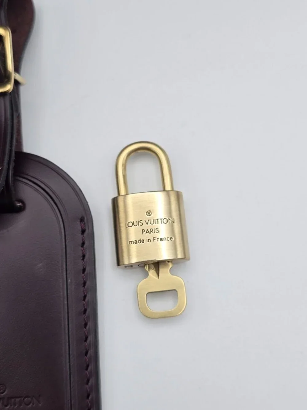 Authentic Louis Vuitton Brown Luggage Tag & Gold Padlock with Key-Made in France